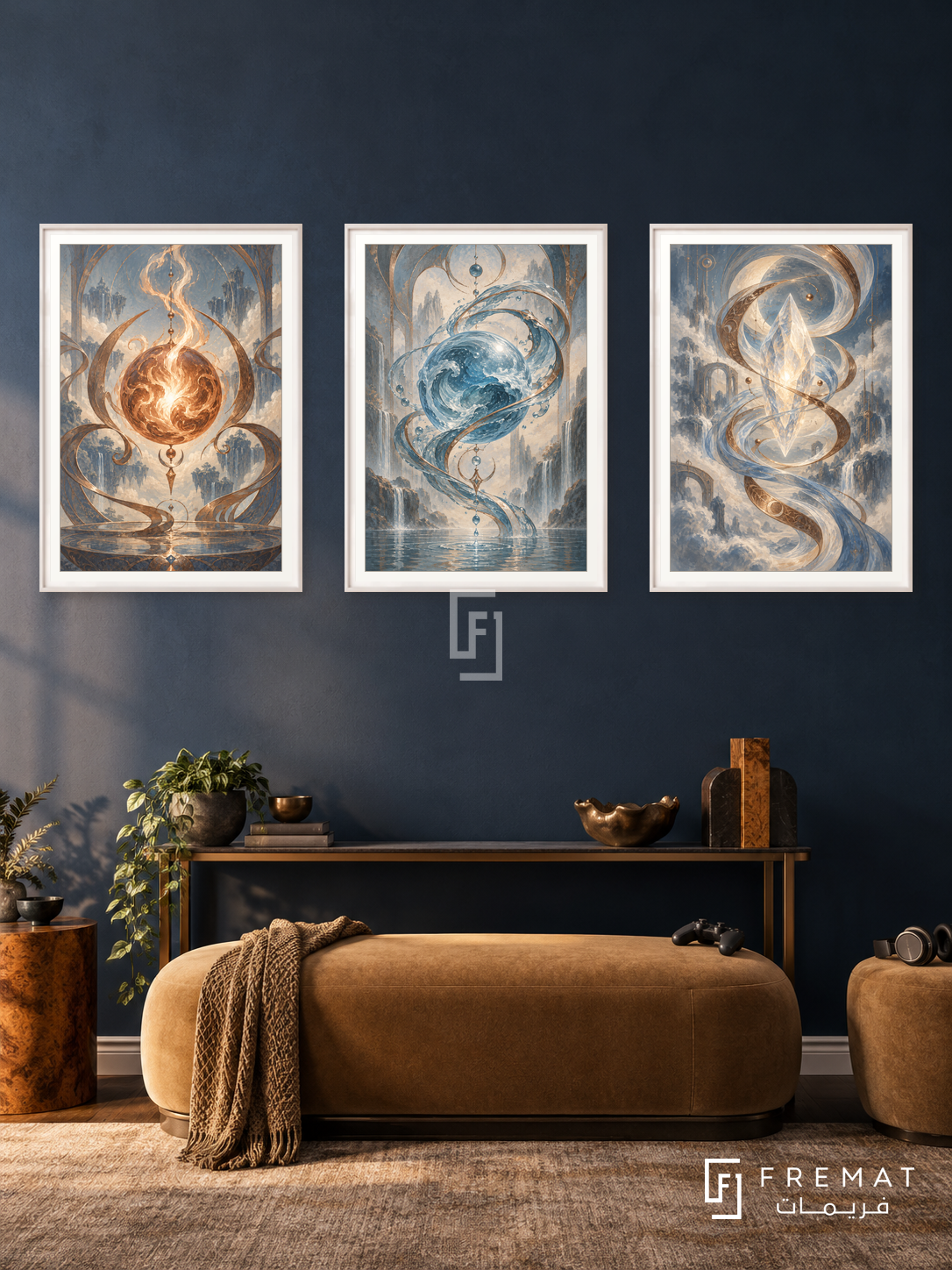 Magic Elements — set of three complementary gaming artworks in White frames, shown at 50×70 cm each.