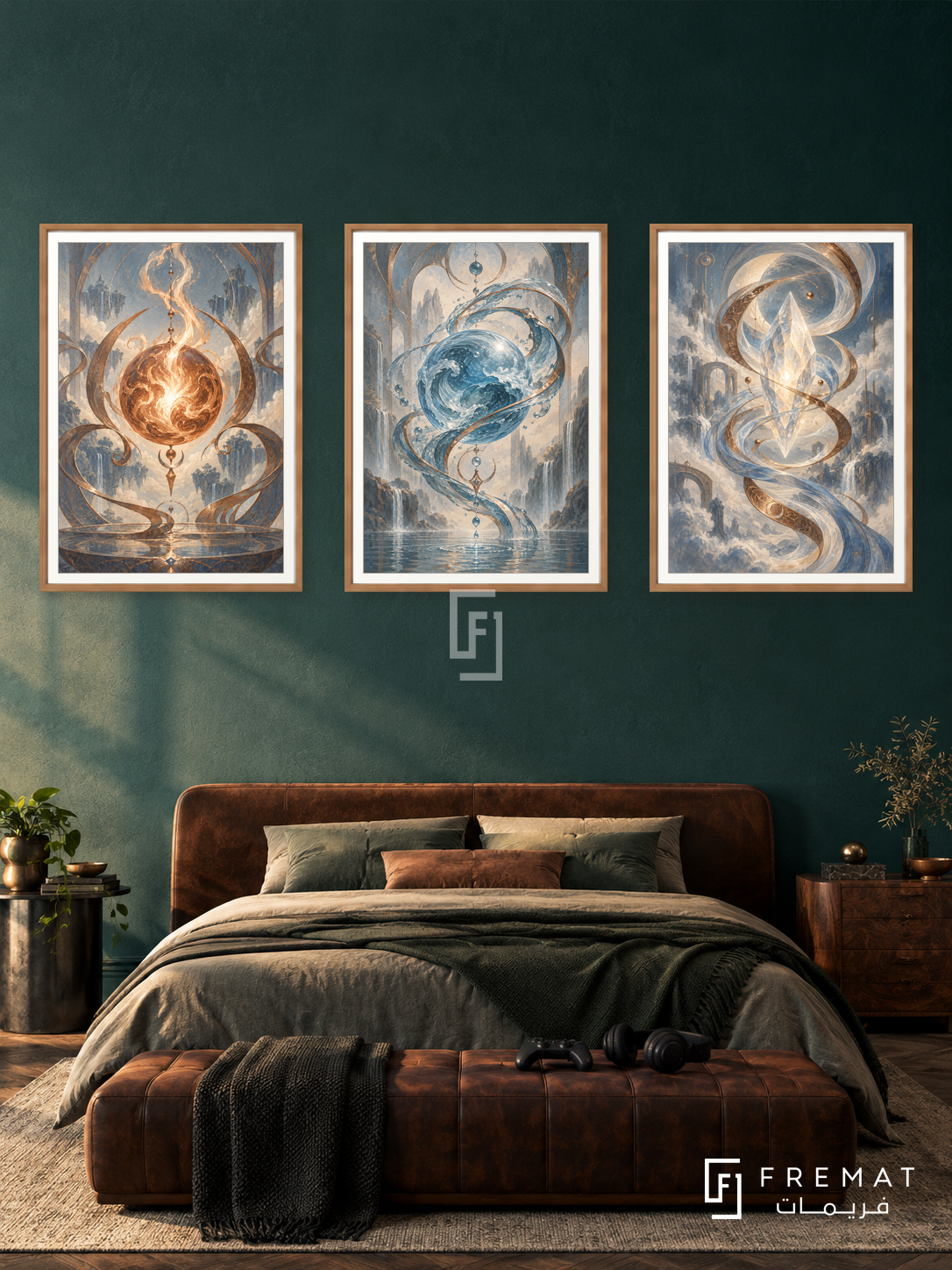 Magic Elements — set of three complementary gaming artworks in Wooden Texture frames, shown at 50×70 cm each.