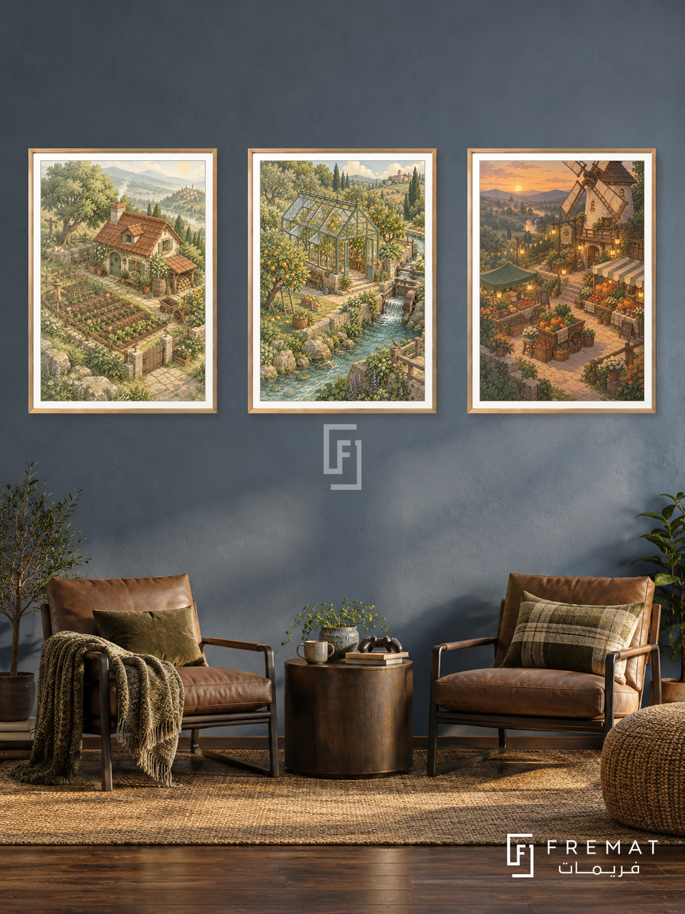 Cozy Farming — set of three complementary gaming artworks in Gold frames, shown at 50×70 cm each.