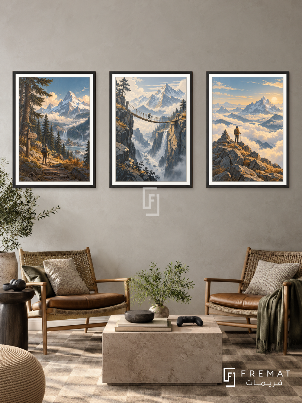 Mountain Adventure — set of three complementary gaming artworks in Black frames, shown at 50×70 cm each.