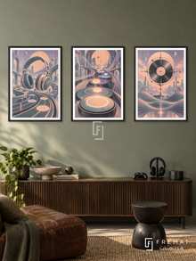 Rhythm Play — set of three complementary gaming artworks in Black frames, shown at 50×70 cm each.