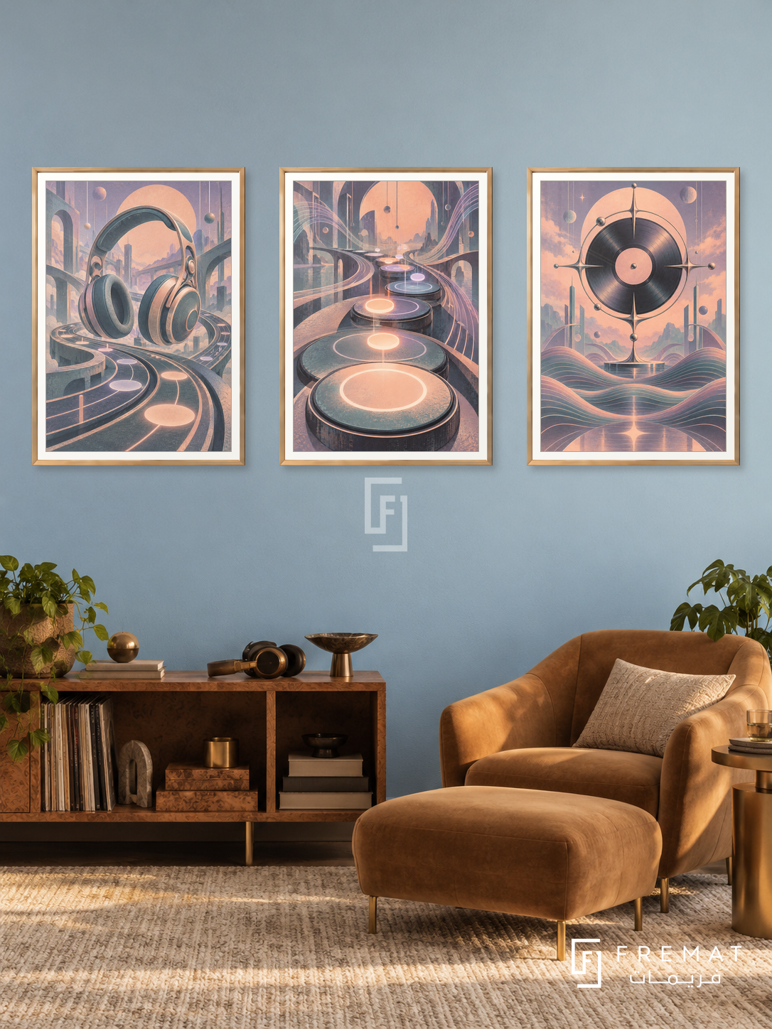 Rhythm Play — set of three complementary gaming artworks in Gold frames, shown at 50×70 cm each.