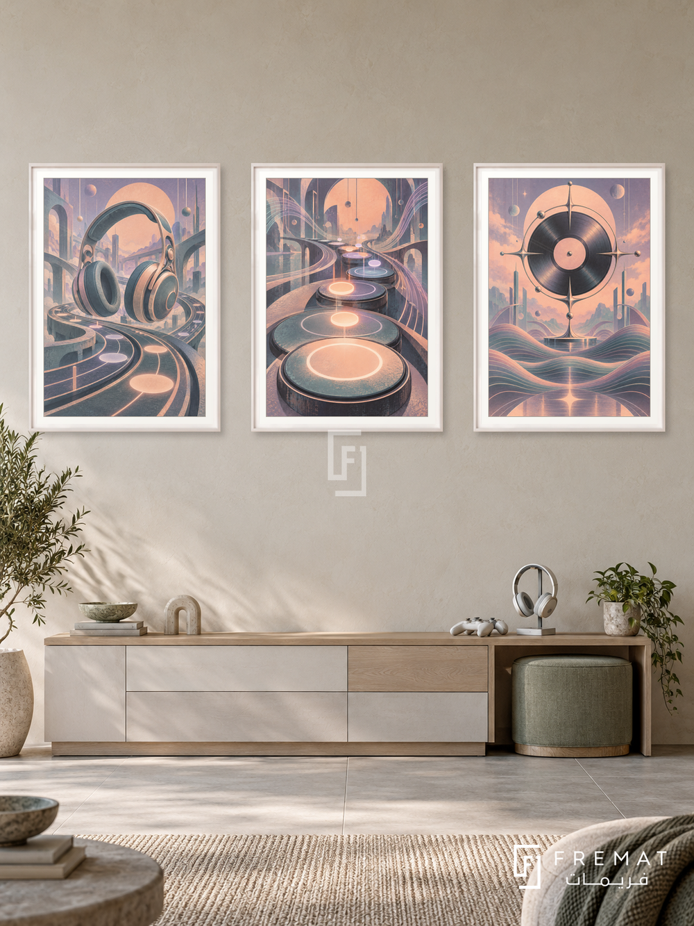 Rhythm Play — set of three complementary gaming artworks in White frames, shown at 50×70 cm each.