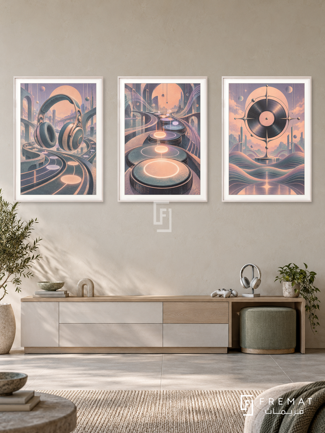 Rhythm Play — set of three complementary gaming artworks in White frames, shown at 50×70 cm each.