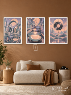 Rhythm Play — set of three complementary gaming artworks in Wooden Texture frames, shown at 50×70 cm each.