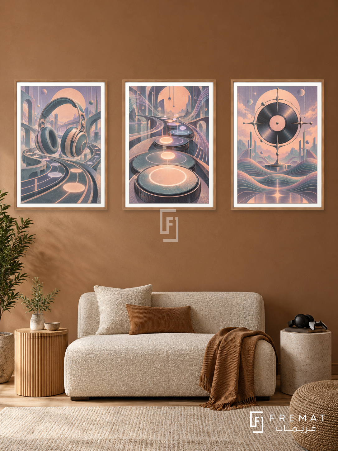 Rhythm Play — set of three complementary gaming artworks in Wooden Texture frames, shown at 50×70 cm each.