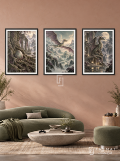 Dragon Realm — set of three complementary gaming artworks in Black frames, shown at 50×70 cm each.