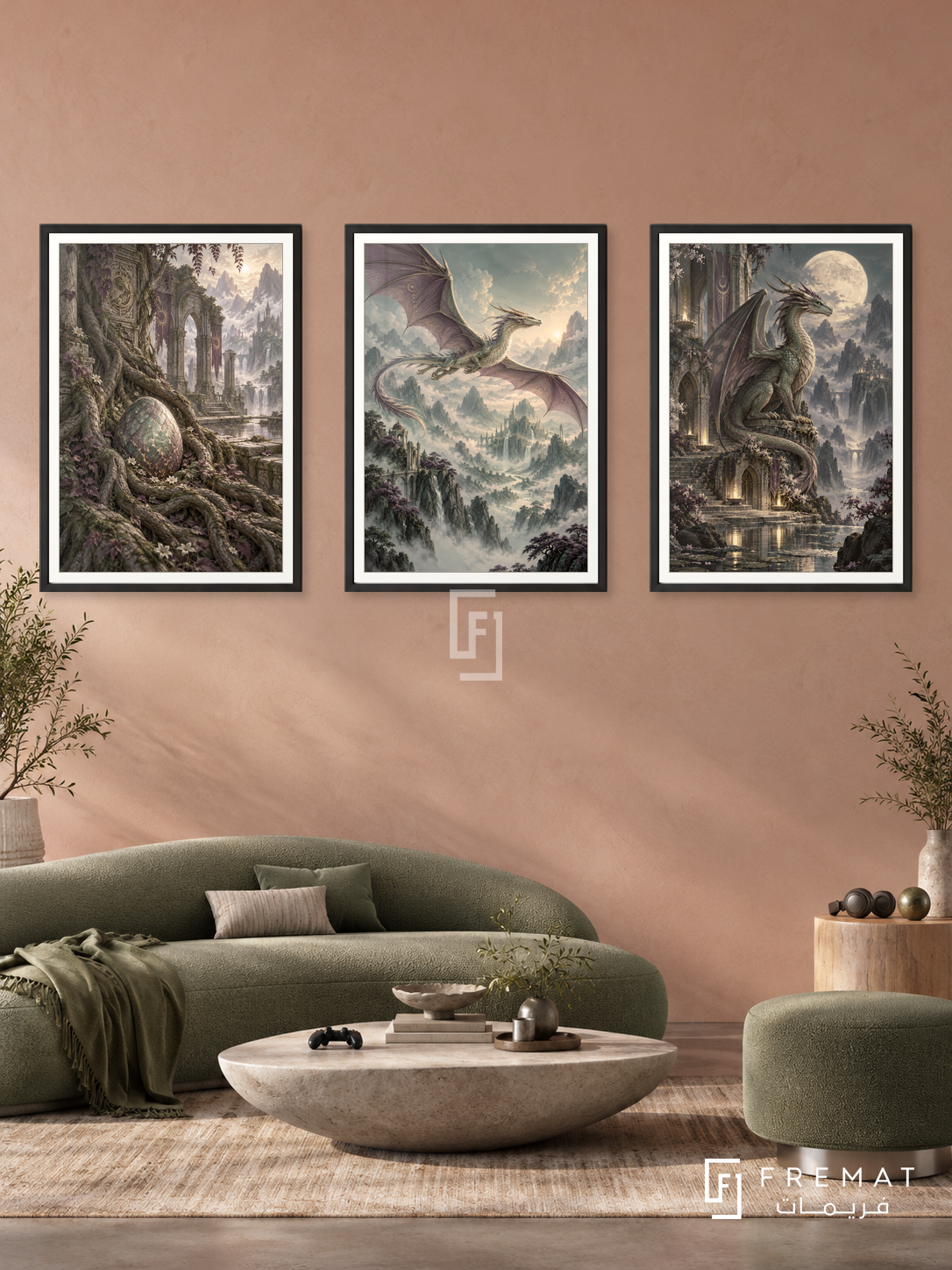 Dragon Realm — set of three complementary gaming artworks in Black frames, shown at 50×70 cm each.
