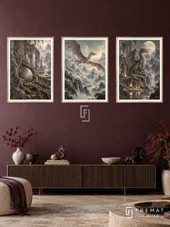 Dragon Realm — set of three complementary gaming artworks in Gold frames, shown at 50×70 cm each.