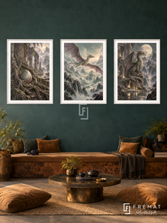 Dragon Realm — set of three complementary gaming artworks in White frames, shown at 50×70 cm each.