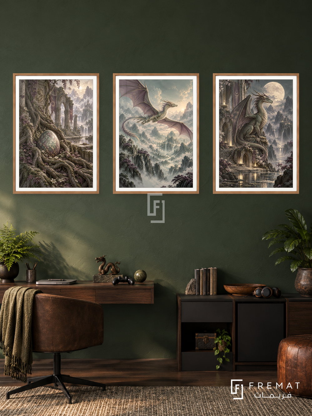 Dragon Realm — set of three complementary gaming artworks in Wooden Texture frames, shown at 50×70 cm each.
