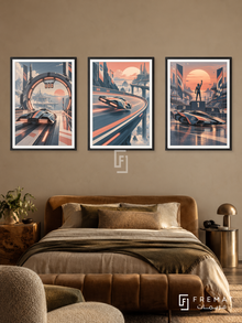 Speed Circuit — set of three complementary gaming artworks in Black frames, shown at 50×70 cm each.