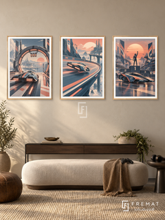 Speed Circuit — set of three complementary gaming artworks in Gold frames, shown at 50×70 cm each.