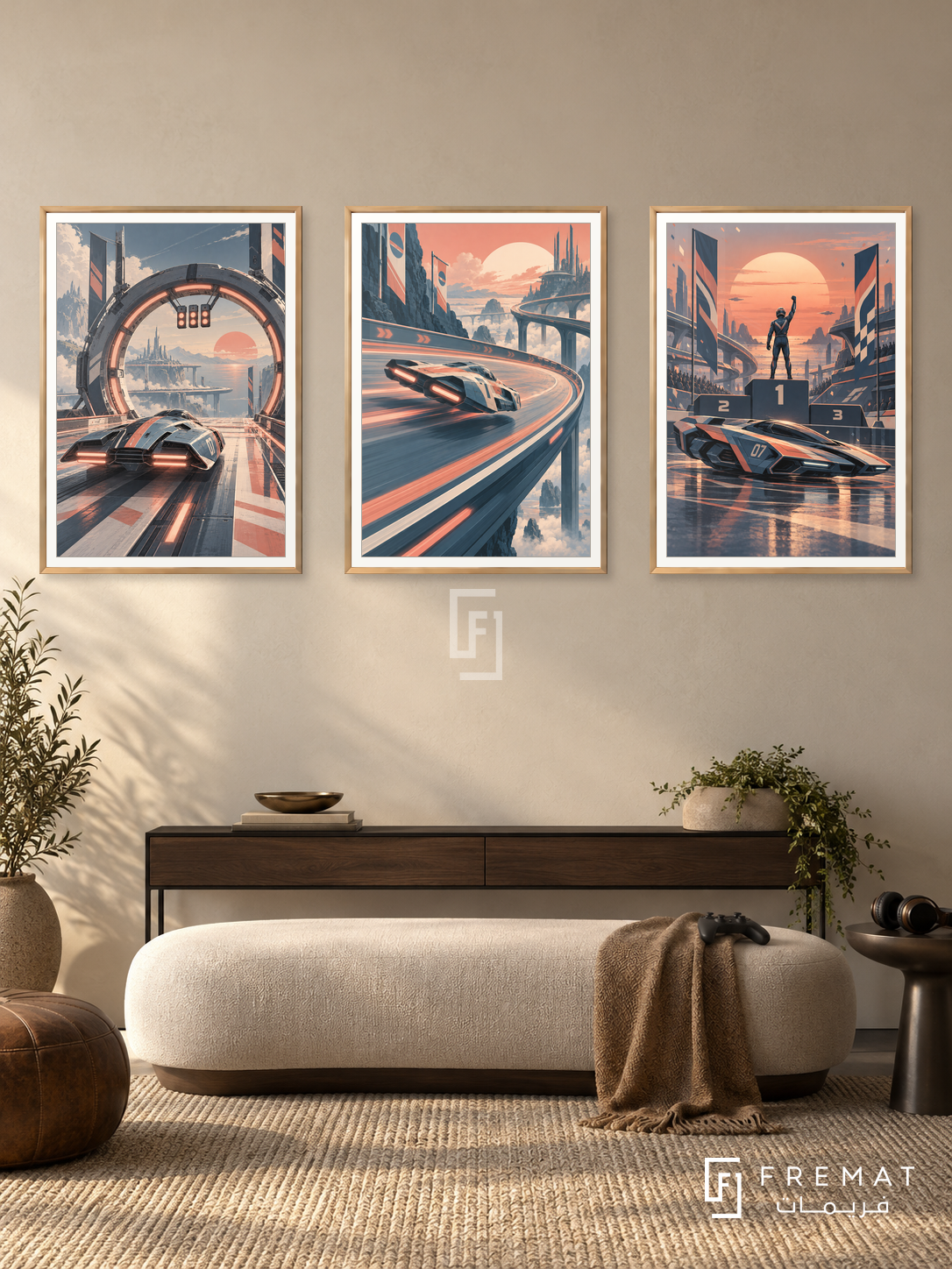 Speed Circuit — set of three complementary gaming artworks in Gold frames, shown at 50×70 cm each.