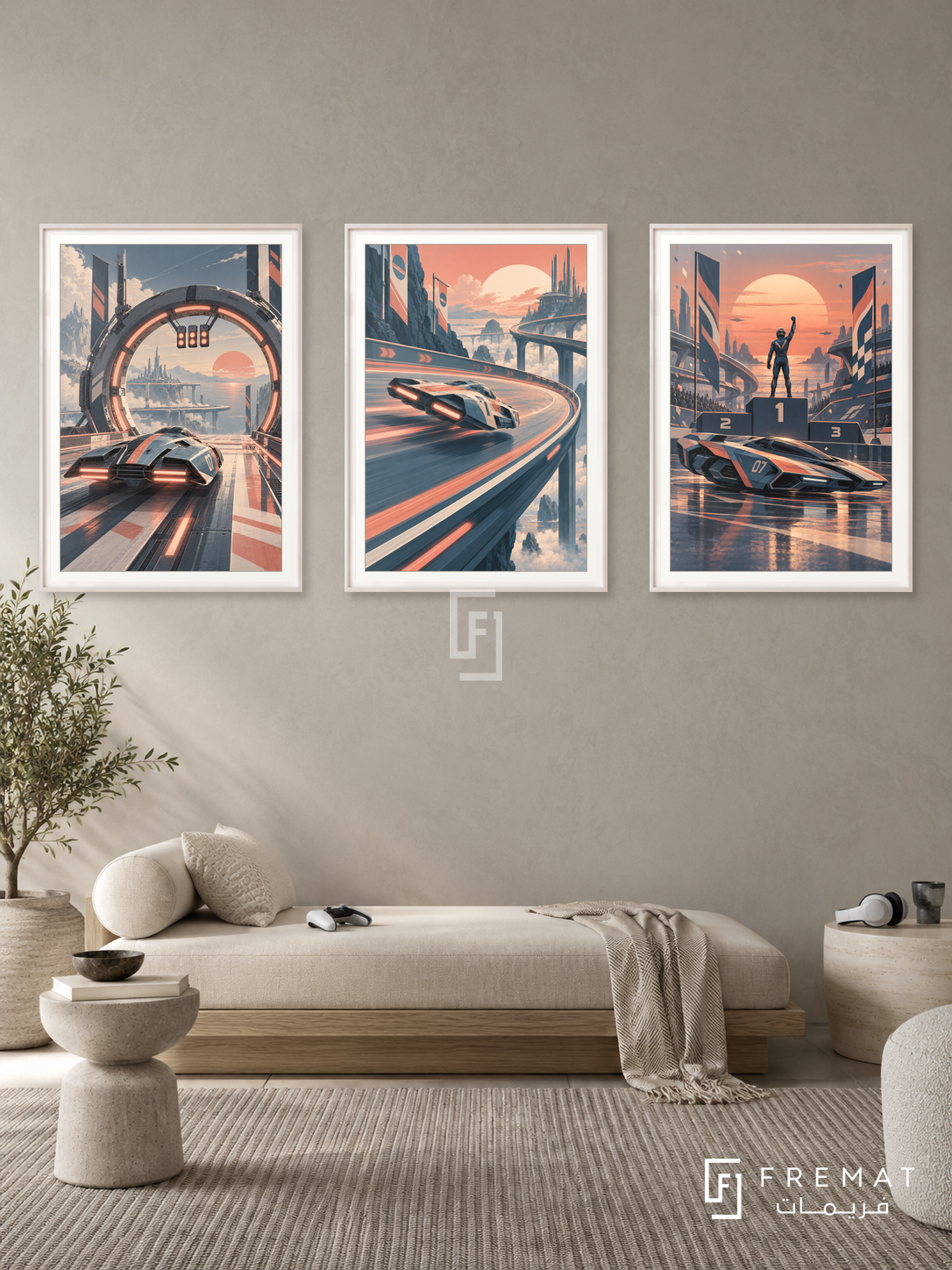 Speed Circuit — set of three complementary gaming artworks in White frames, shown at 50×70 cm each.