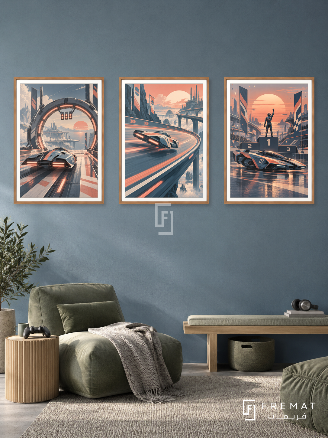 Speed Circuit — set of three complementary gaming artworks in Wooden Texture frames, shown at 50×70 cm each.