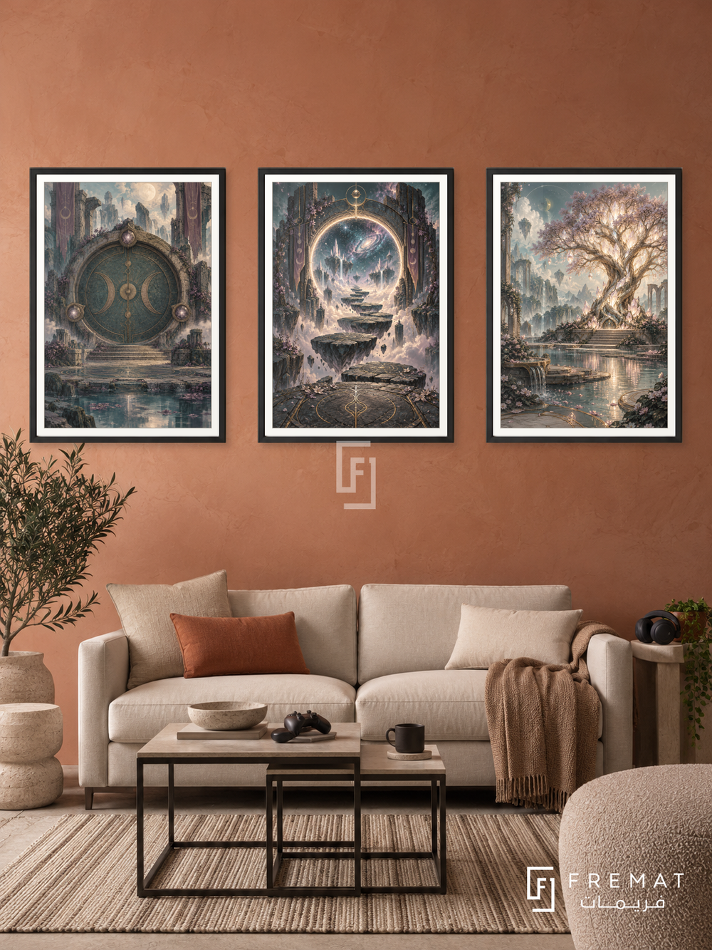 Final Portal — set of three complementary gaming artworks in Black frames, shown at 50×70 cm each.