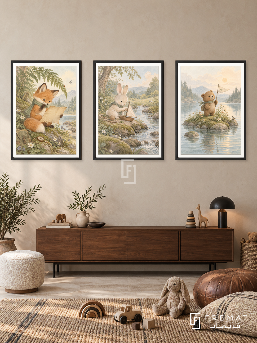 Little Adventure — set of three complementary kids artworks in Black frames, shown at 50×70 cm each.