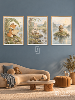 Little Adventure — set of three complementary kids artworks in Gold frames, shown at 50×70 cm each.