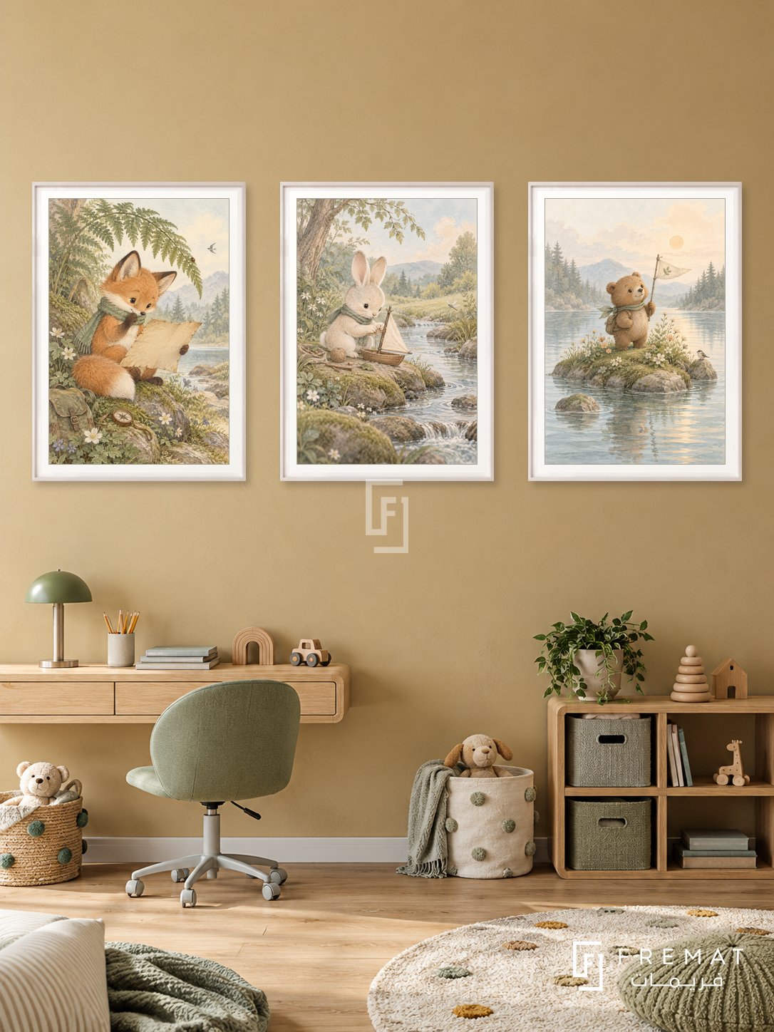 Little Adventure — set of three complementary kids artworks in White frames, shown at 50×70 cm each.