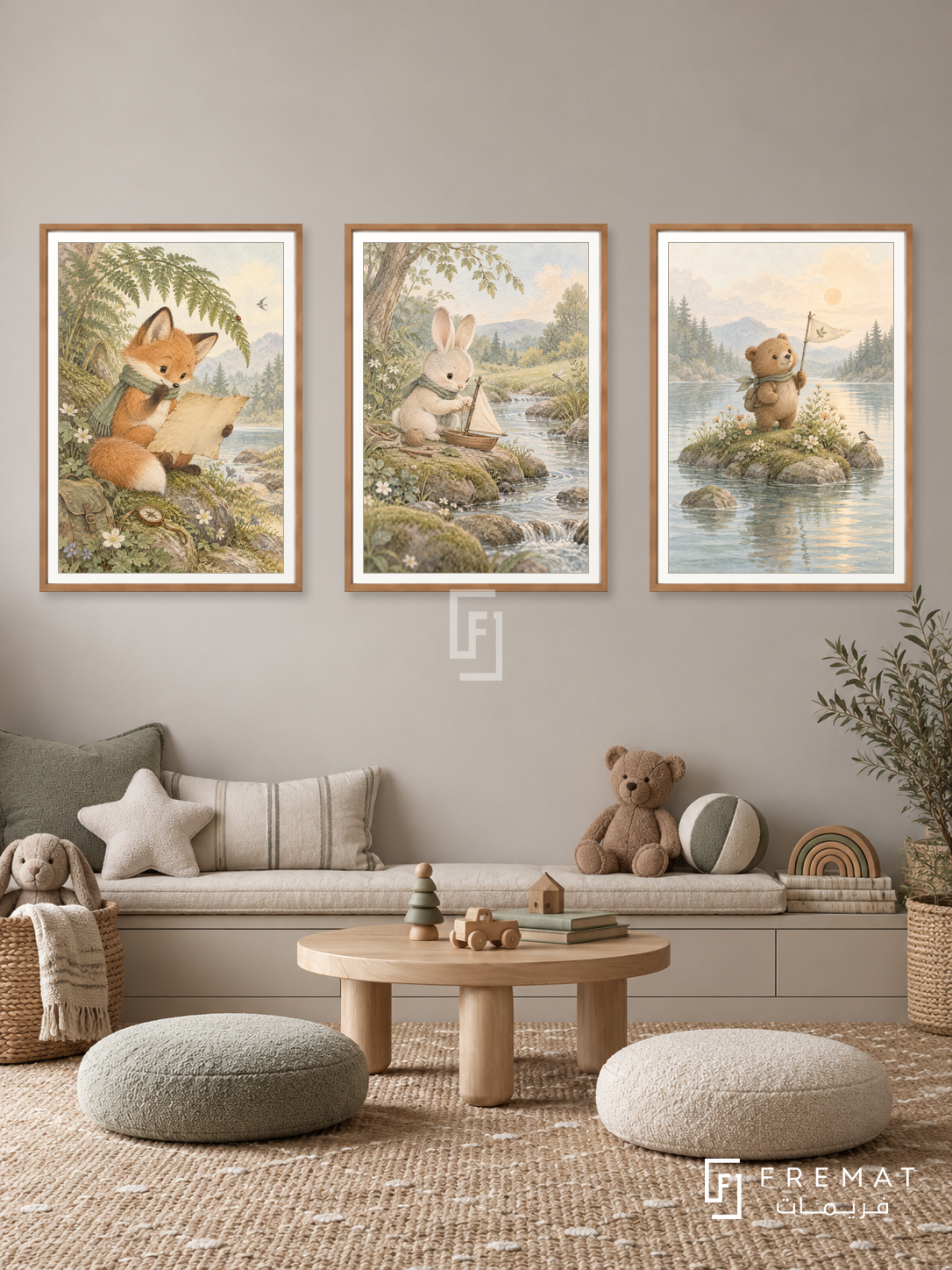 Little Adventure — set of three complementary kids artworks in Wooden Texture frames, shown at 50×70 cm each.