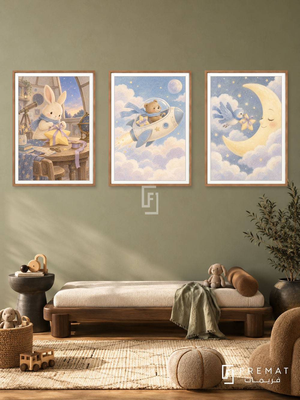 Moon Mail — set of three complementary kids artworks in Wooden Texture frames, shown at 50×70 cm each.