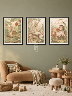 Meadow Bakery — set of three complementary kids artworks in Black frames, shown at 50×70 cm each.