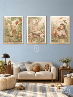 Meadow Bakery — set of three complementary kids artworks in Gold frames, shown at 50×70 cm each.