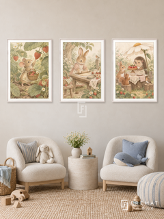 Meadow Bakery — set of three complementary kids artworks in White frames, shown at 50×70 cm each.