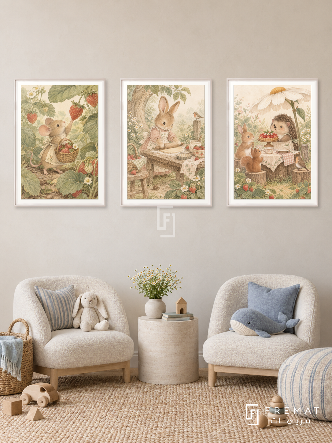 Meadow Bakery — set of three complementary kids artworks in White frames, shown at 50×70 cm each.