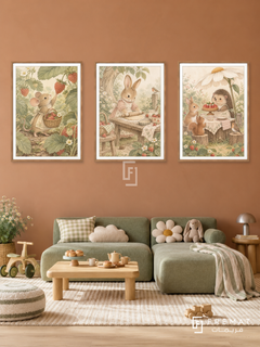 Meadow Bakery — set of three complementary kids artworks in Wooden Texture frames, shown at 50×70 cm each.