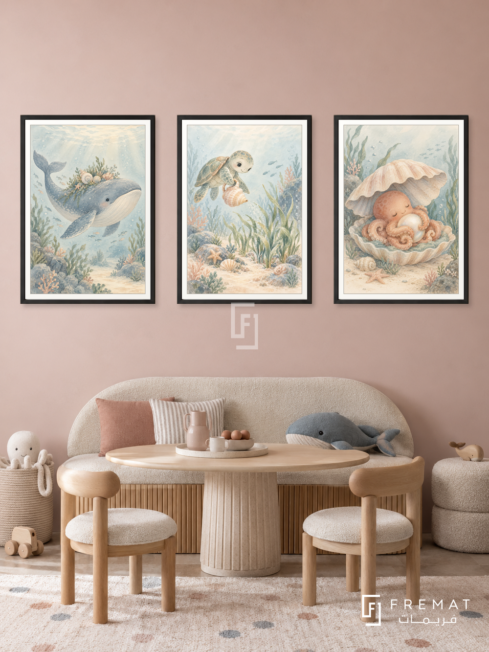 Whale Lullaby — set of three complementary kids artworks in Black frames, shown at 50×70 cm each.
