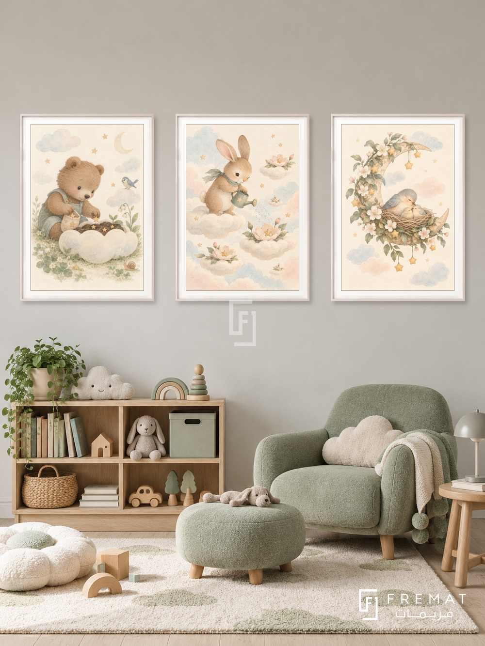 Cloud Garden — set of three complementary kids artworks in White frames, shown at 50×70 cm each.
