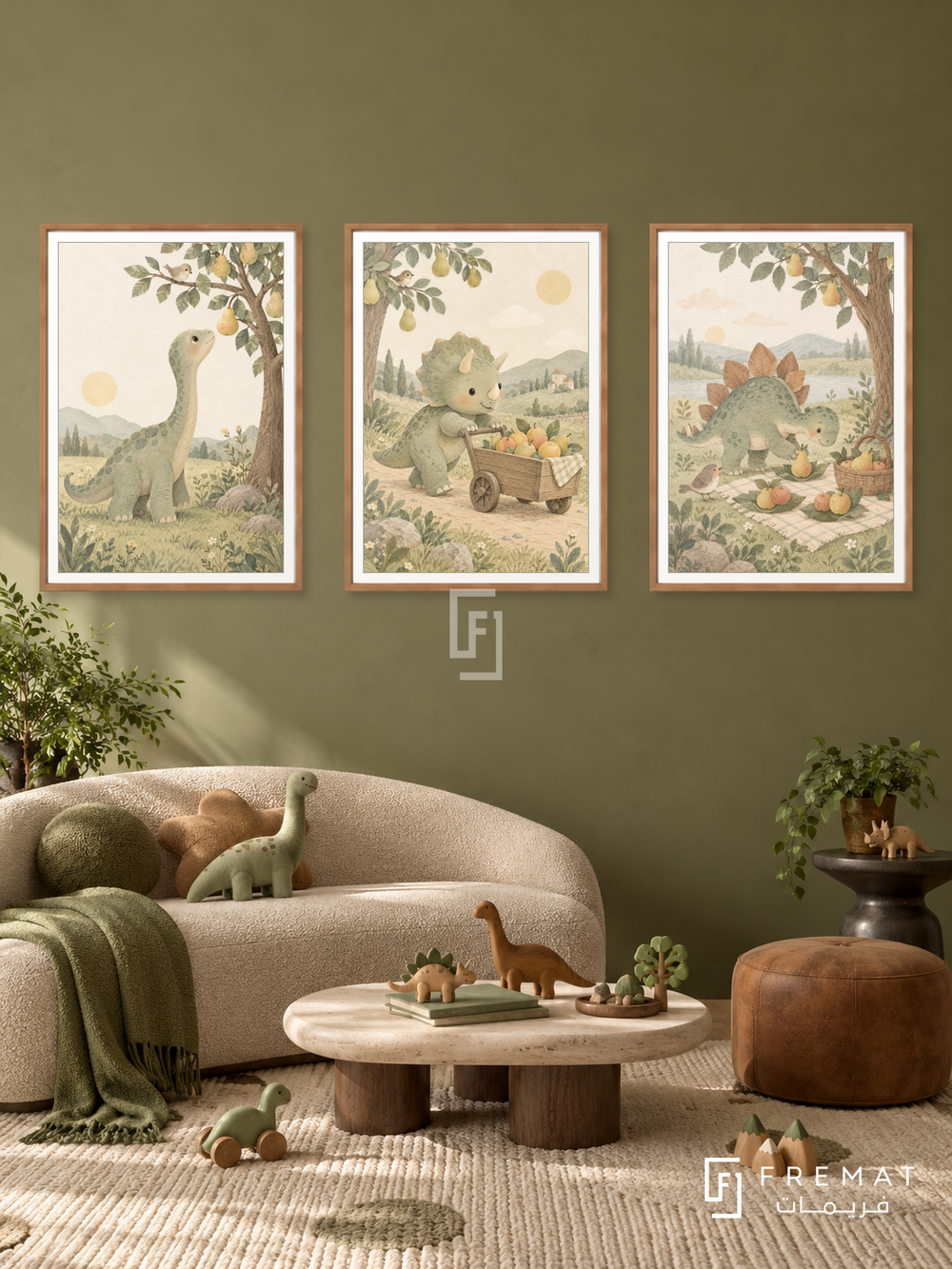 Tiny Dinosaur Garden — set of three complementary kids artworks in Wooden Texture frames, shown at 50×70 cm each.