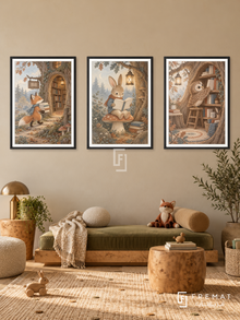 Woodland Library — set of three complementary kids artworks in Black frames, shown at 50×70 cm each.