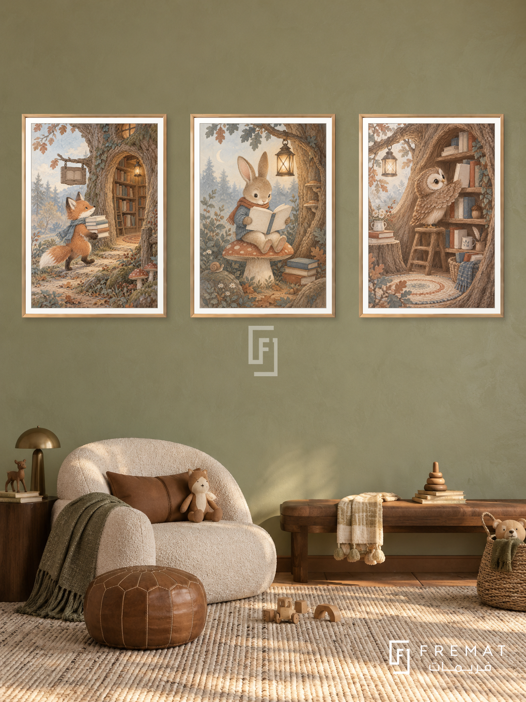 Woodland Library — set of three complementary kids artworks in Gold frames, shown at 50×70 cm each.