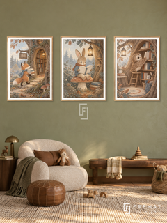Woodland Library — set of three complementary kids artworks in Gold frames, shown at 50×70 cm each.