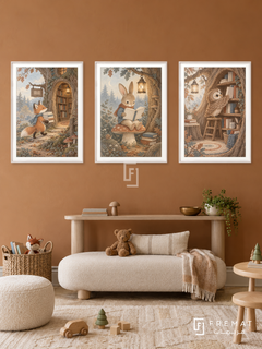 Woodland Library — set of three complementary kids artworks in White frames, shown at 50×70 cm each.