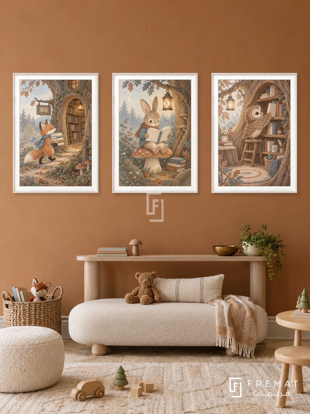 Woodland Library — set of three complementary kids artworks in White frames, shown at 50×70 cm each.