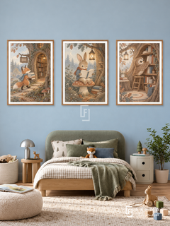 Woodland Library — set of three complementary kids artworks in Wooden Texture frames, shown at 50×70 cm each.