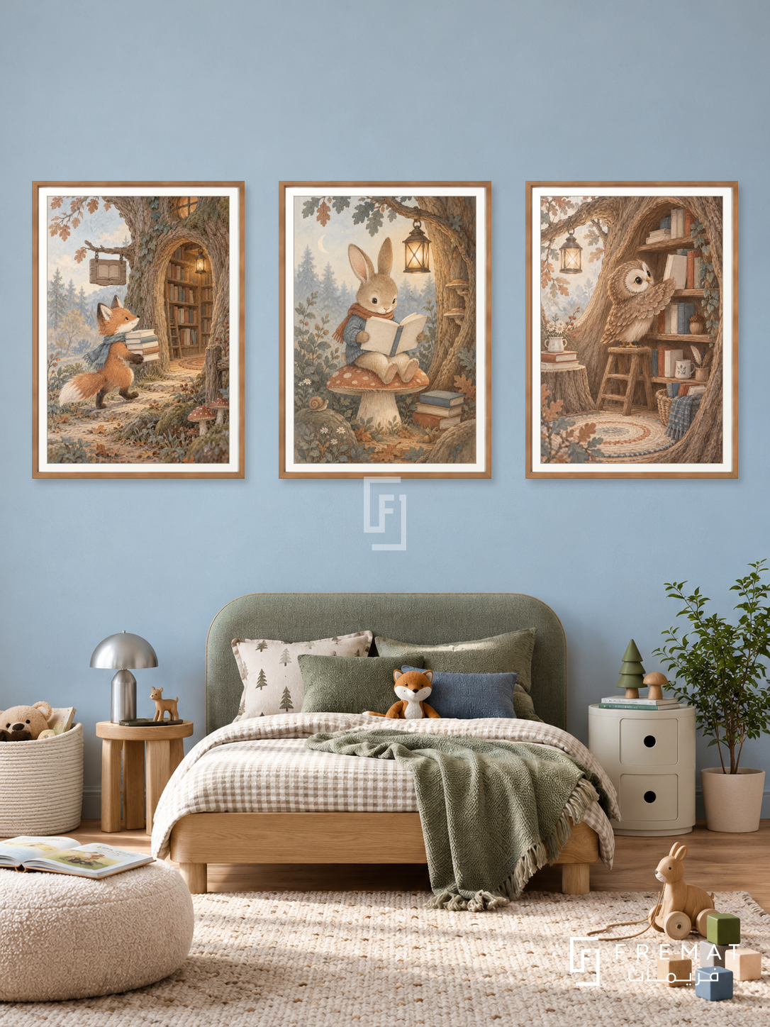 Woodland Library — set of three complementary kids artworks in Wooden Texture frames, shown at 50×70 cm each.