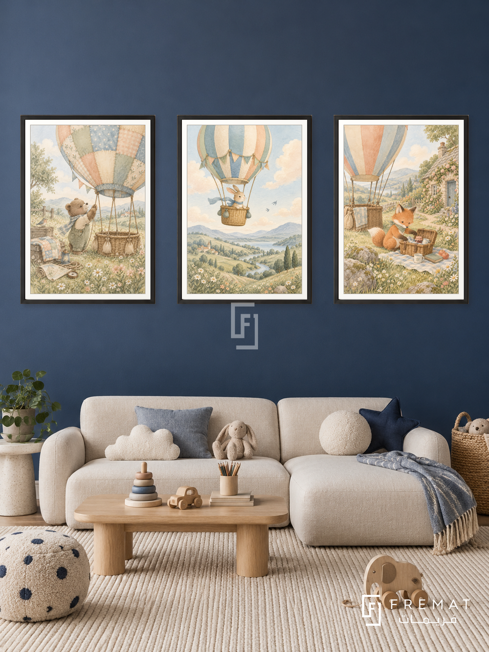 Balloon Postcards — set of three complementary kids artworks in Black frames, shown at 50×70 cm each.