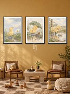 Duckling Rain — set of three complementary kids artworks in Black frames, shown at 50×70 cm each.