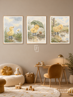 Duckling Rain — set of three complementary kids artworks in Gold frames, shown at 50×70 cm each.