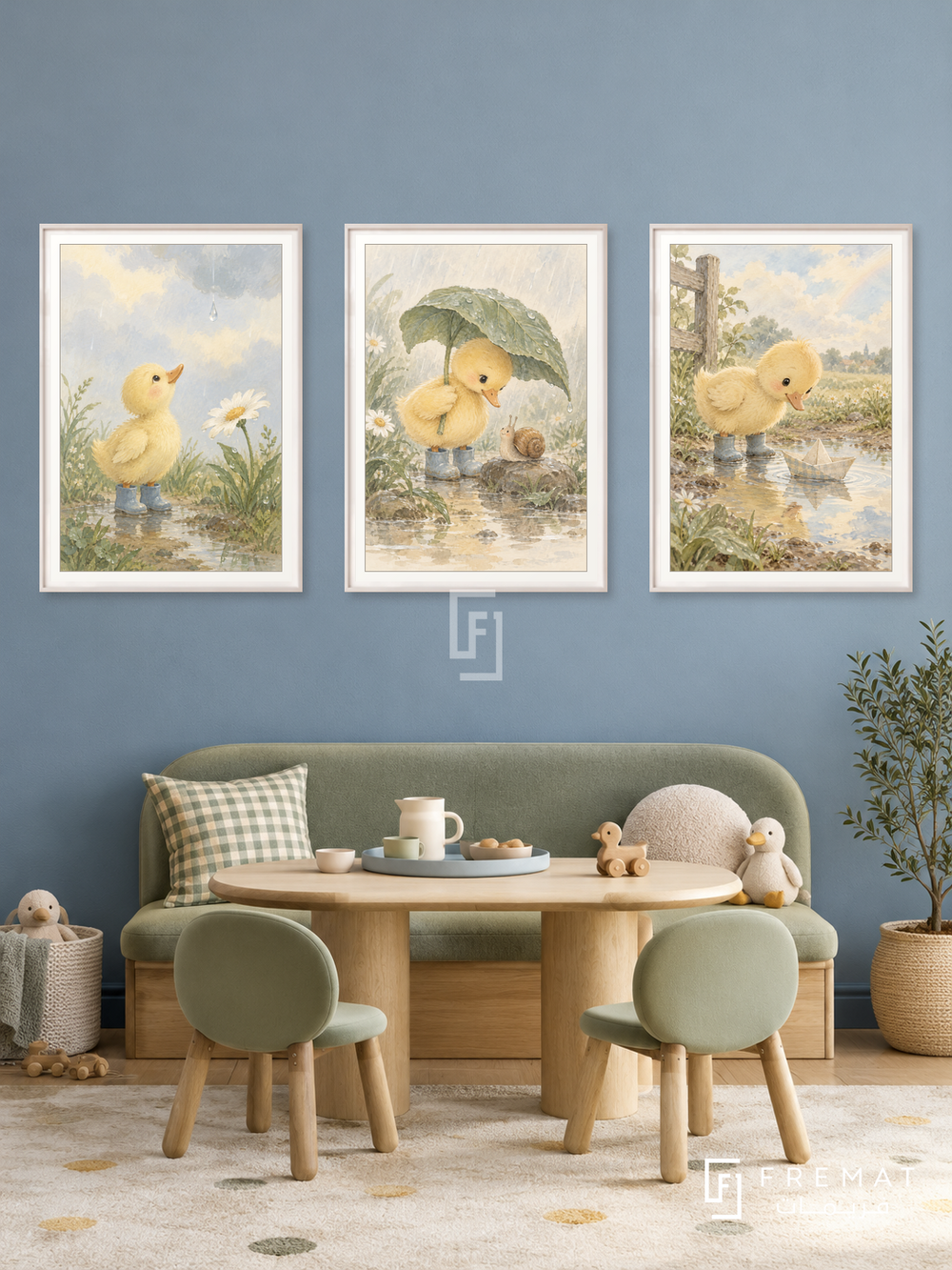 Duckling Rain — set of three complementary kids artworks in White frames, shown at 50×70 cm each.