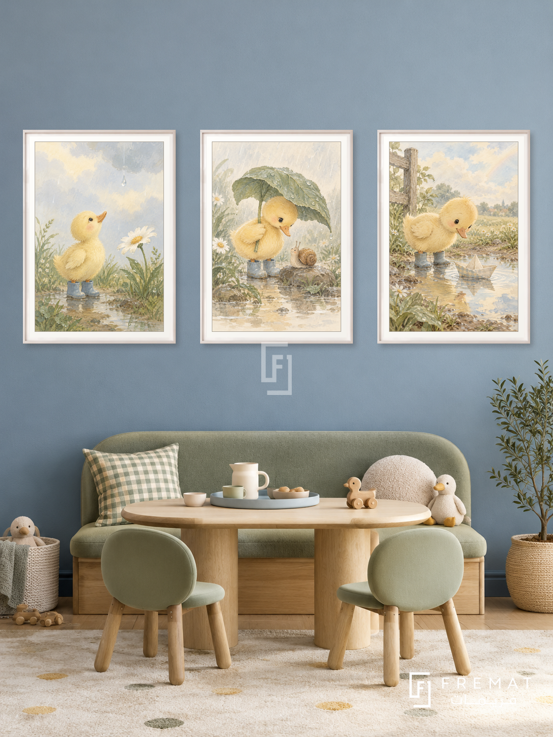 Duckling Rain — set of three complementary kids artworks in White frames, shown at 50×70 cm each.