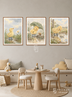 Duckling Rain — set of three complementary kids artworks in Wooden Texture frames, shown at 50×70 cm each.