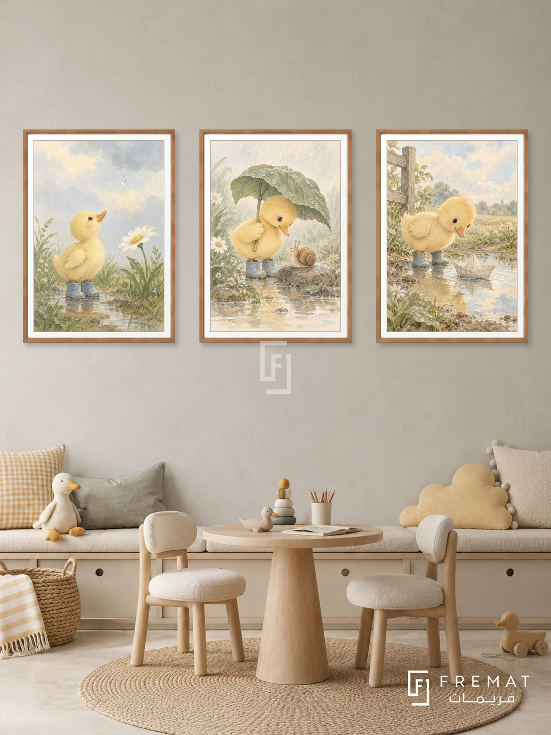Duckling Rain — set of three complementary kids artworks in Wooden Texture frames, shown at 50×70 cm each.