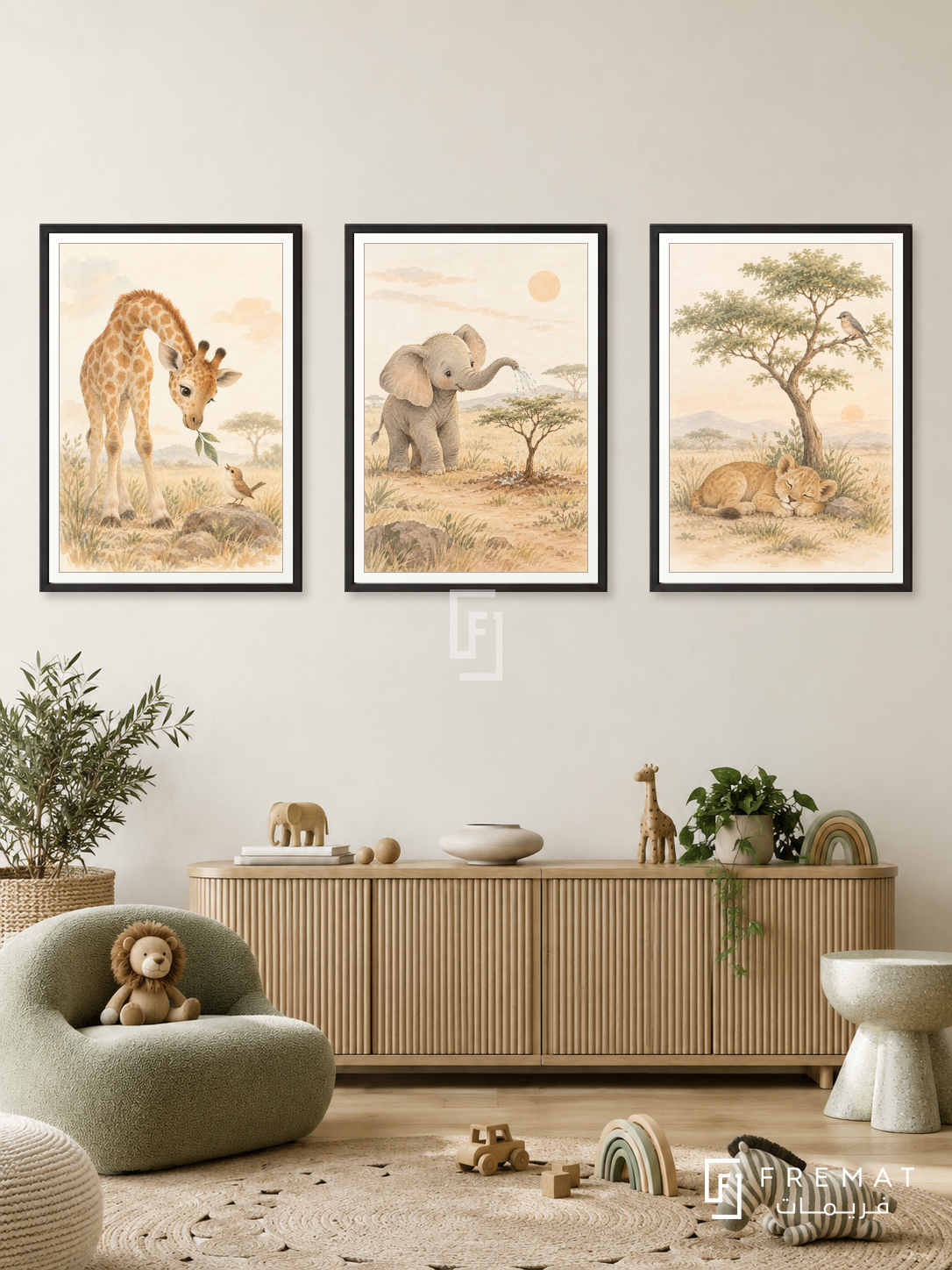 Safari Kindness — set of three complementary kids artworks in Black frames, shown at 50×70 cm each.
