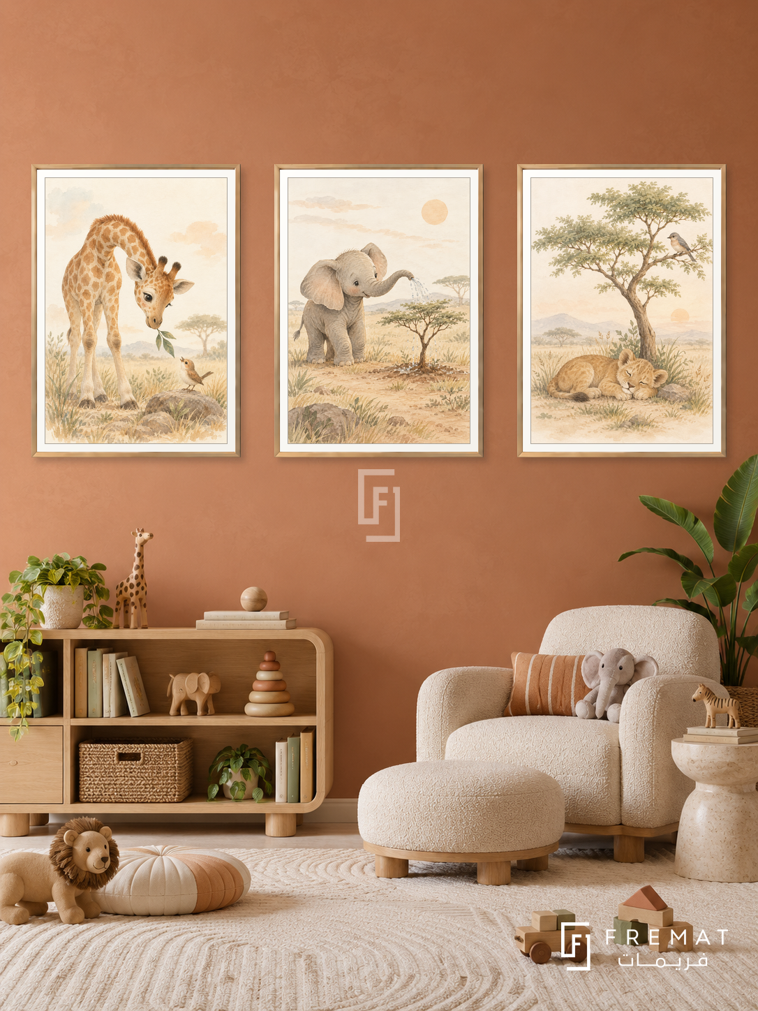 Safari Kindness — set of three complementary kids artworks in Gold frames, shown at 50×70 cm each.